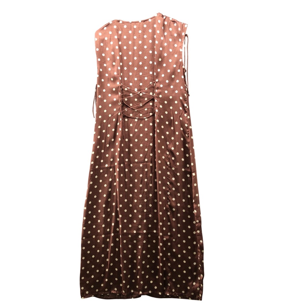 Lucky Brand Polka Dot Satin Midi Dress Womens M Brown Sleeveless V-Neck - Picture 2 of 12